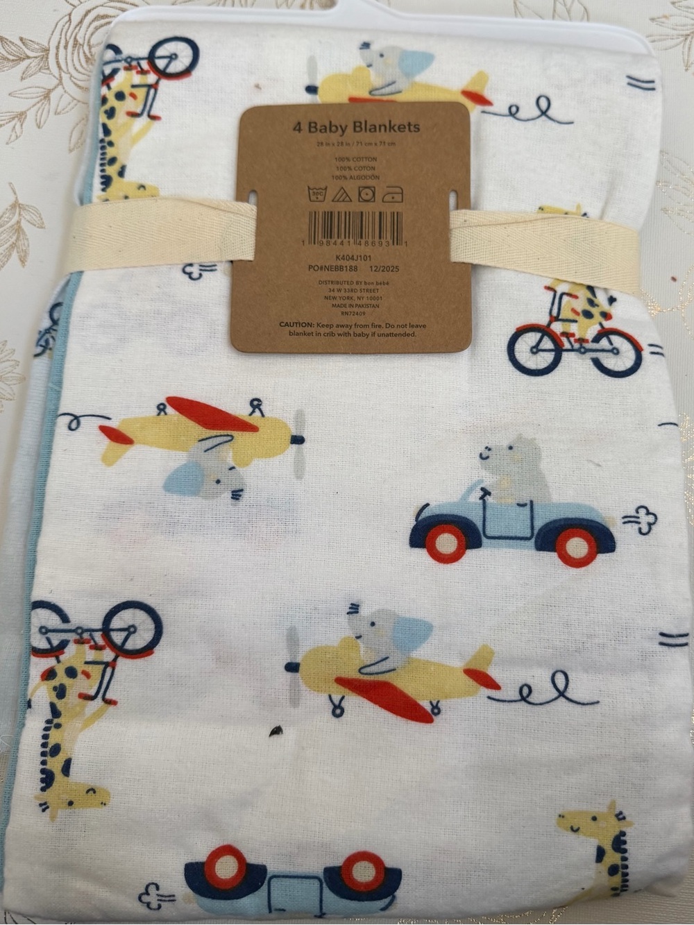Kit + Pearl 4-Pack Cotton Receiving Baby Blankets 28"x28" Animals Vehicles NWT - Picture 4 of 5